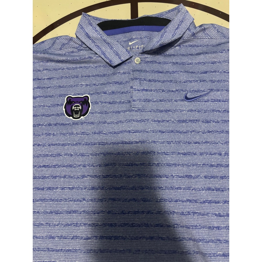 Nike Dri-FIT Mens XL Blue Striped Polo Shirt Purple Bear Mascot Logo Golf Top - Picture 3 of 6